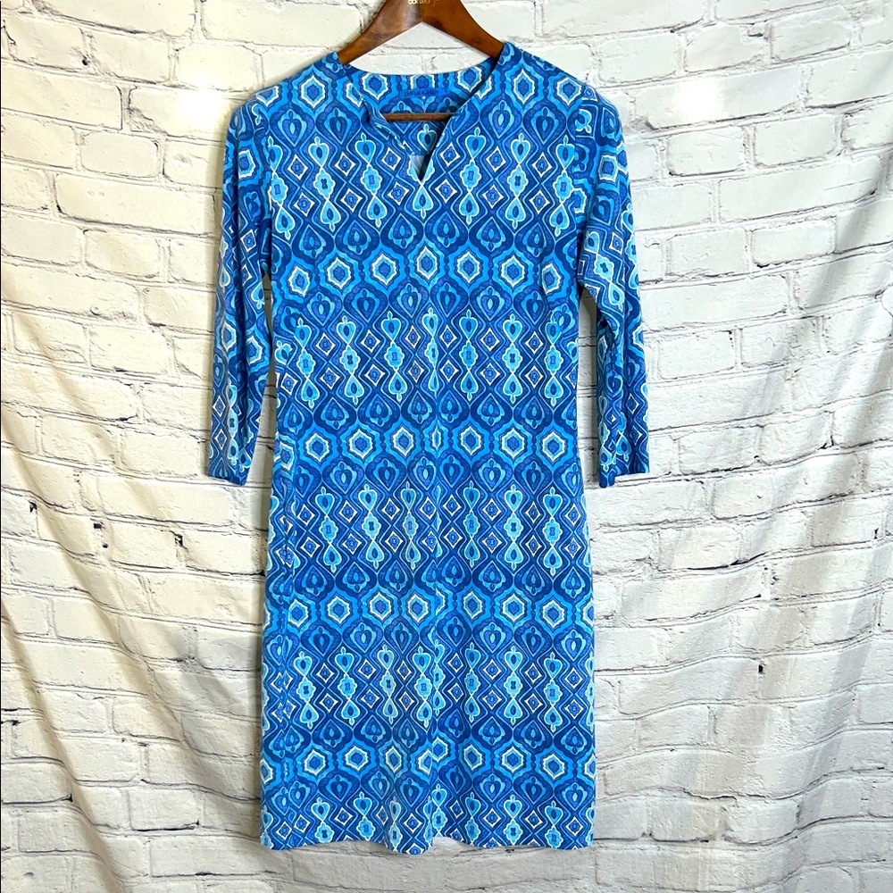 J. McLaughlin Blue White Quarter Long Sleeve Dress Size Medium